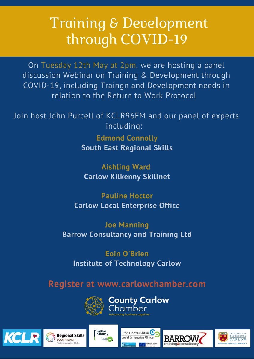 Tomorrows webinar focuses on Training &amp; Development. <a href="/esuohedarap/">blah blah blah</a> of <a href="/kclr96fm/">KCLR 96FM</a> will host a panel of experts including <a href="/ckskillnet/">CarlowKilkennySkillnet</a> <a href="/Barrow_Training/">Barrow Training</a> <a href="/itcarlow/">TraleeAds</a> <a href="/CarlowLEO/">inCarlow | Carlow LEO</a> <a href="/SkillsSouthEast/">South East Regional Skills</a>  
Join us 2pm Tue 12 May: Register: bit.ly/2YToYr5