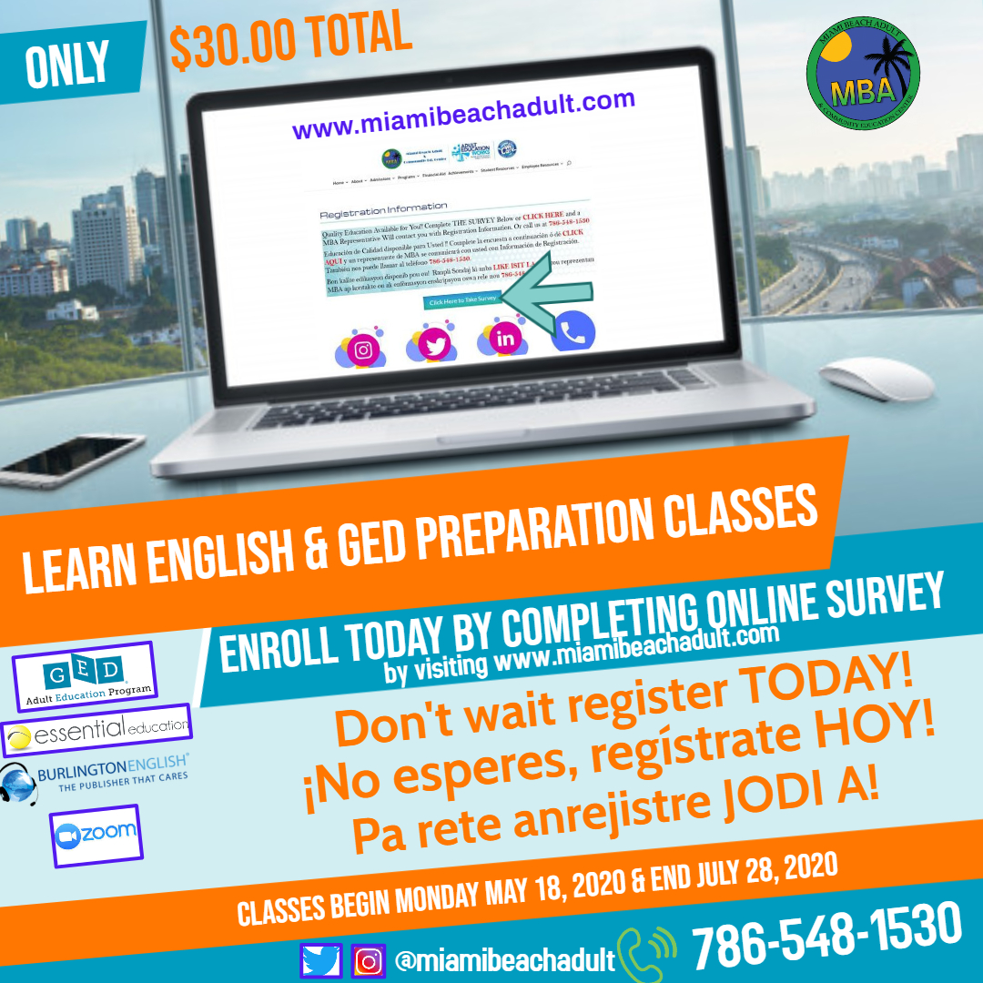 miamibeachadult's tweet photo. On this #marvelousmonday visit https://t.co/mFwDkSDqbQ or Call us @ 786-548-1530 to Register to Learn English or Prepare for the GED.  Join the BEST #adulted! #ignitethevision #SoarToNewHeights @MDCPSOperations @LuisEDiazDEOA https://t.co/sgh0IlCYWJ