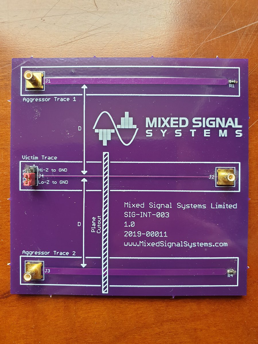 OLearyKieran's tweet photo. Here are pictures of two of the @oshpark PCBs that I discussed on @TheAmpHour this week. We use these in @MixedSignalSys Signal Integrity training courses to demonstrate crosstalk, plane splits and current distribution. I can do some training videos if there's interest. Thoughts? https://t.co/qJmBQmeBp8