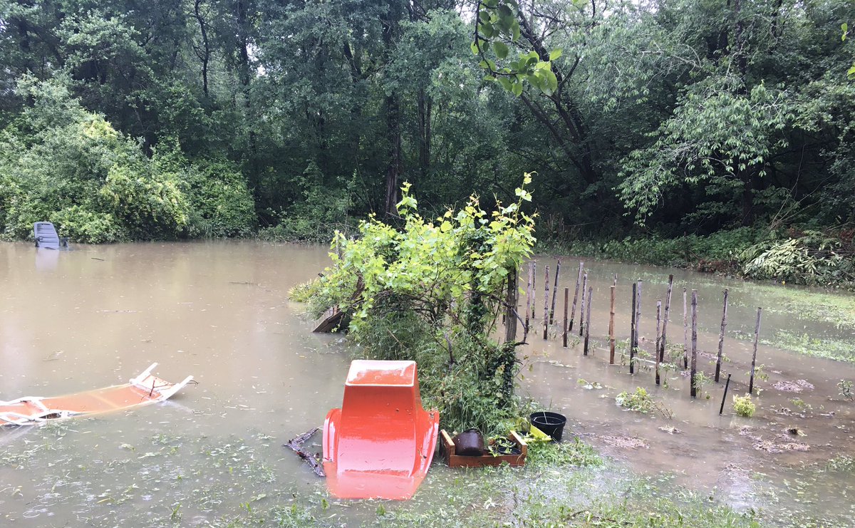 CatherineVeyssy's tweet photo. Inondation et lente décrue. Désolation dans les jardins. Chez mes voisins, cabane des enfants renversée, massifs inondés. Chez moi, chaises longues en ballade et potager définitivement noyé. Adieu 🍅🥬🍆🧅🌶 ! #inondation #décrue #désolation https://t.co/tyjH8DyeHT