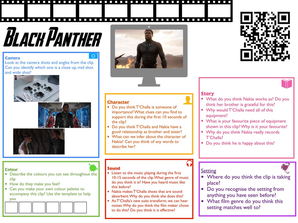 MissLMacDonald's tweet photo. A weekend of binge watching Marvel movies inspired me to make these Film Placemats! Made on Keynote with the QR Code linking to the clip! Questions exploring the use of Camera, Colour &amp; Character &amp; Sound, Story &amp; Setting! 🎥 🍿 
#GCCkeepsafekeeplearning #FilmLiteracy #FilmEdu https://t.co/CecnIKQUlq