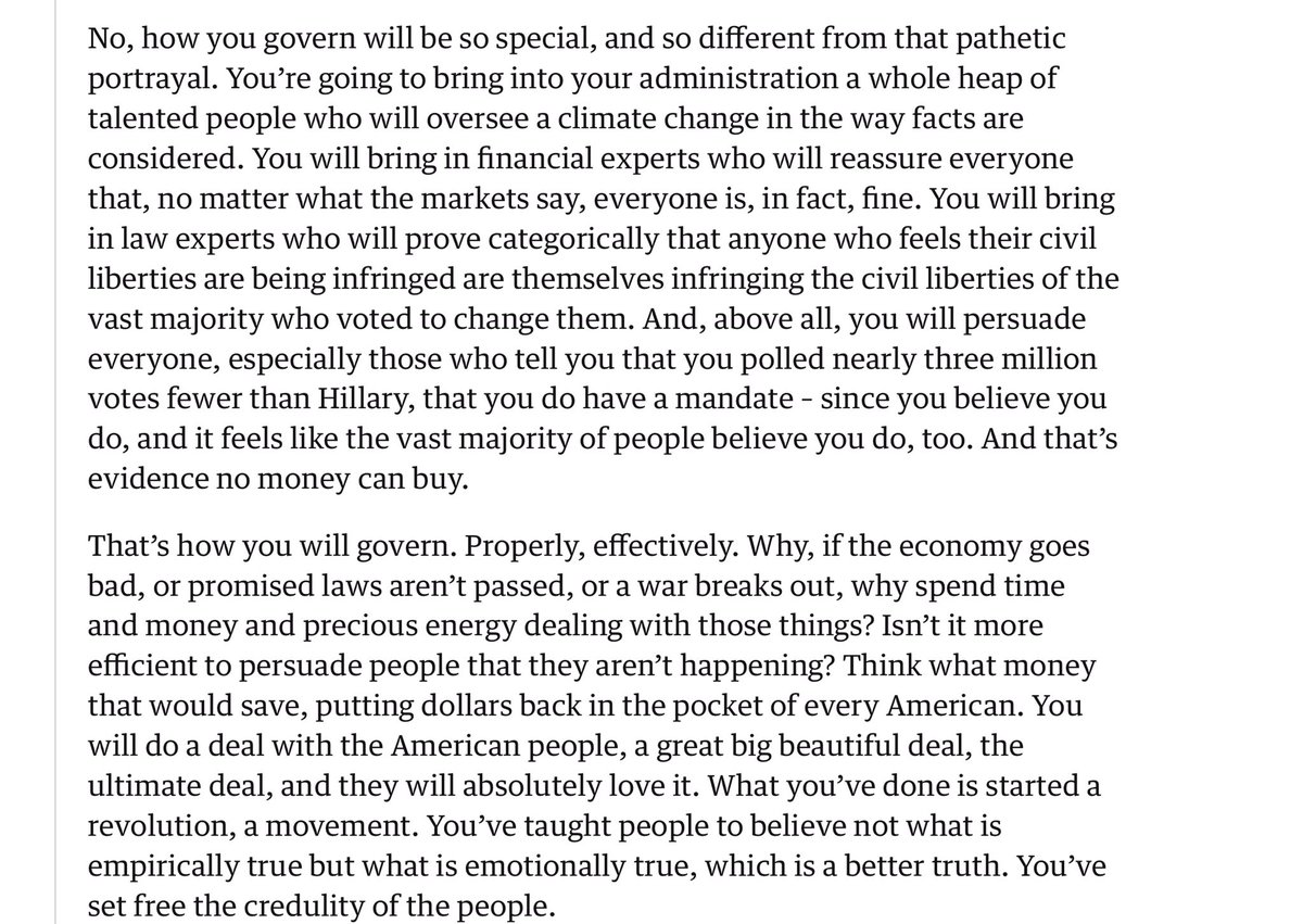 Aiannucci's tweet photo. On the eve of Trump’s Inauguration, I wrote a piece imagining how he will abandon facts for gut feeling. I can only apologise it turns out I wasn’t exagerating for comic effect. https://t.co/pj8z9EX0i9