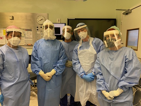 All PPE-d up here @SalfordRoyalNHS theatres. Have to say those visors don't help the view in laparoscopic surgery.