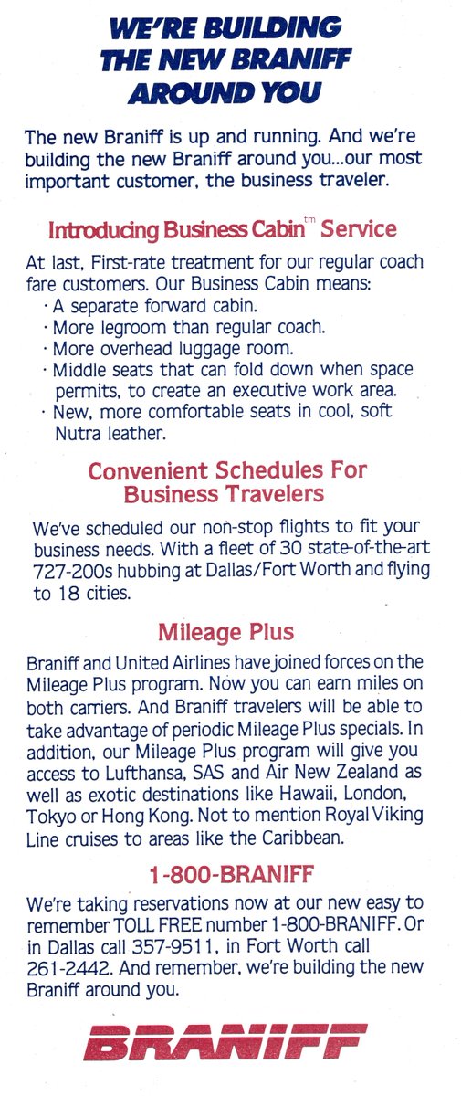 AvGeek71's tweet image. This is the March, 1984 inaugural timetable for what became know as Braniff II. The "new" airline launched with #B727 airplanes. Full DFW hub schedule is here: bit.ly/35Qu6NQ
#airplane #airport #avgeek #avgeeks #aviation #travel #BraniffAirlines