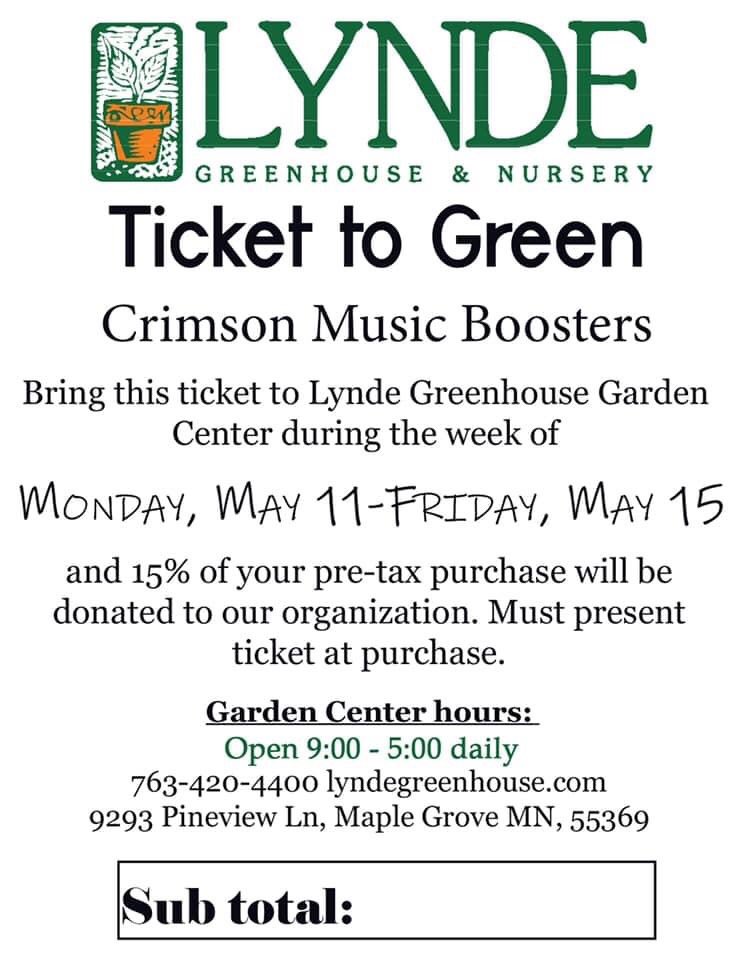 Support the Crimson Music Boosters by shopping at Lynde’s this week! Show this flyer on your phone in person, or type our name into the comments section for an online order! #CrimsonMusic #SpringFlowers