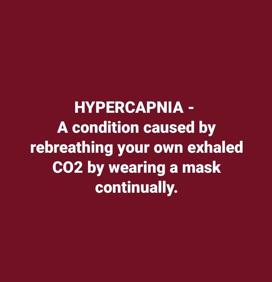 The primary argument is that by covering your mouth you are rebreathing your own exhaled air, which is necessarily higher in CO2 and lower in O2 than room air. Therefore, masks are not only a symbol of state control, they are a deliberate attempt by the state to cause harm. 5/