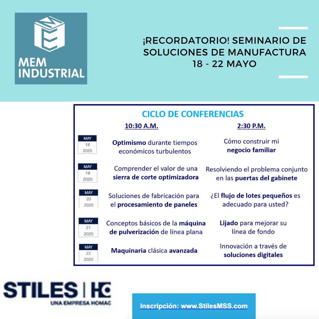 MEM_Industrial's tweet photo. Les recordamos de este innovador seminario virtual organizado por STILES MACHINERY MÉXICO.
Los invitamos a registrarse en: https://t.co/86GcV0zqyu
.
Stiles Machinery - México @stilesmachinery Stiles Machinery - Mexico
#MEM2021 #Manufactura #webinargratuito #StilesMachinery https://t.co/AiuQt6jSJP