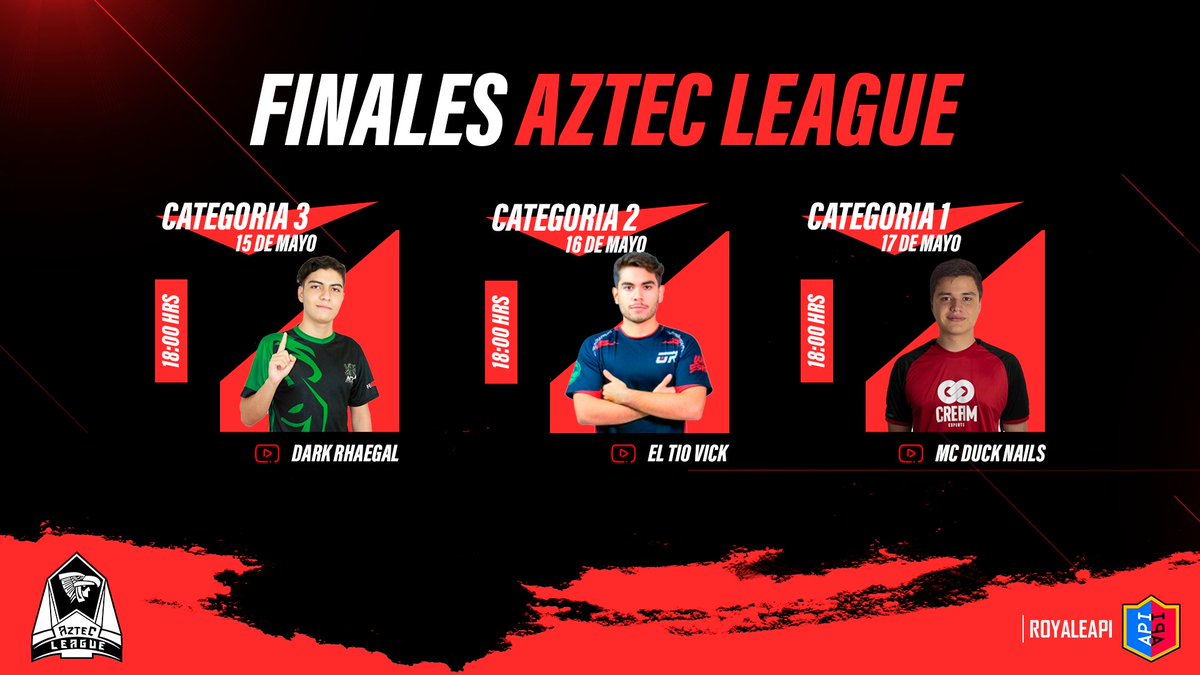 AztecLeague's tweet photo. #Split1 | Finales AztecLeague 🇲🇽
Presentamos el Calendario de las Finales de la #Categoría3, #Categoría2 y #Categoría1.
Con el apoyo de nuestros Caster Oficiales:
🔹️ @DarkRhaegal
🔹️ @vick_tio
🔹️ @McDuck_CR
Colaboración con @RoyaleAPI 📈
#GoAztec #FinalesAztec https://t.co/W276voEHBa