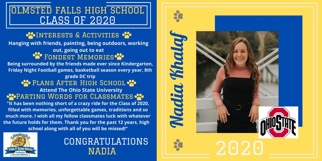 Senior Spotlight: Congratulations Nadia Khalaf, a graduating senior from the Olmsted Falls HS Class of 2020. We're proud of you! Good luck! Watch for more spotlights every day in May! <a href="/OFCSDistrict/">OFCS District</a> <a href="/OFHSLeoSpagnola/">Leo Spagnola</a> <a href="/fallsclass2020/">Olmsted Falls SENIOR Class Officers</a>  #OFClassof2020 #TheBulldogWay