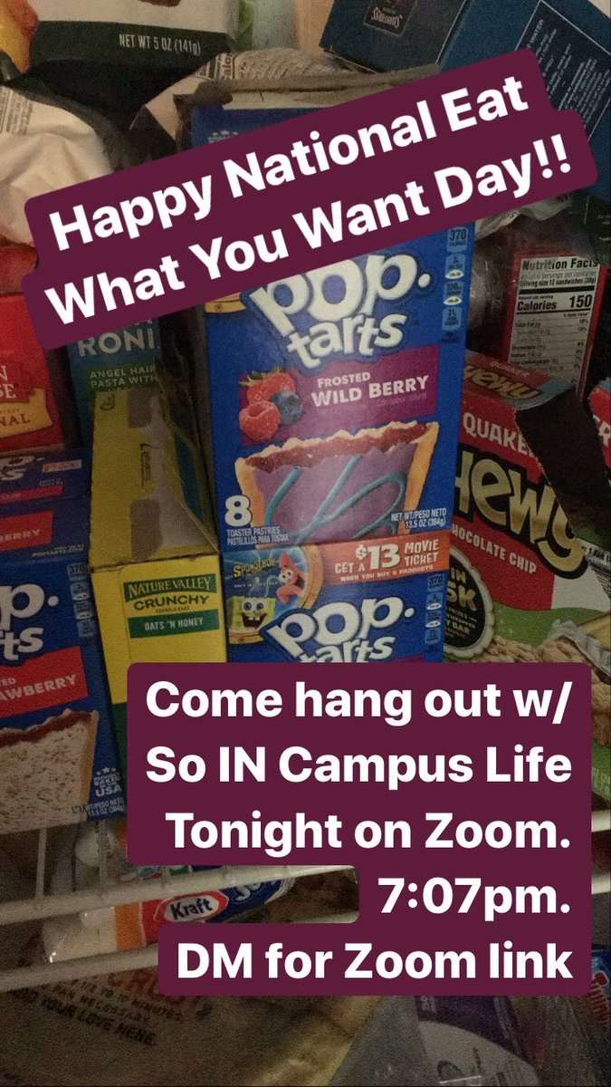 YFCSI's tweet photo. Since it’s “National Eat What You Want Day,” it’s bring a snack to Campus Life Zoom Club Day!! Tonight at 7:07pm. DM for Zoom Link. https://t.co/HieCesJp6a