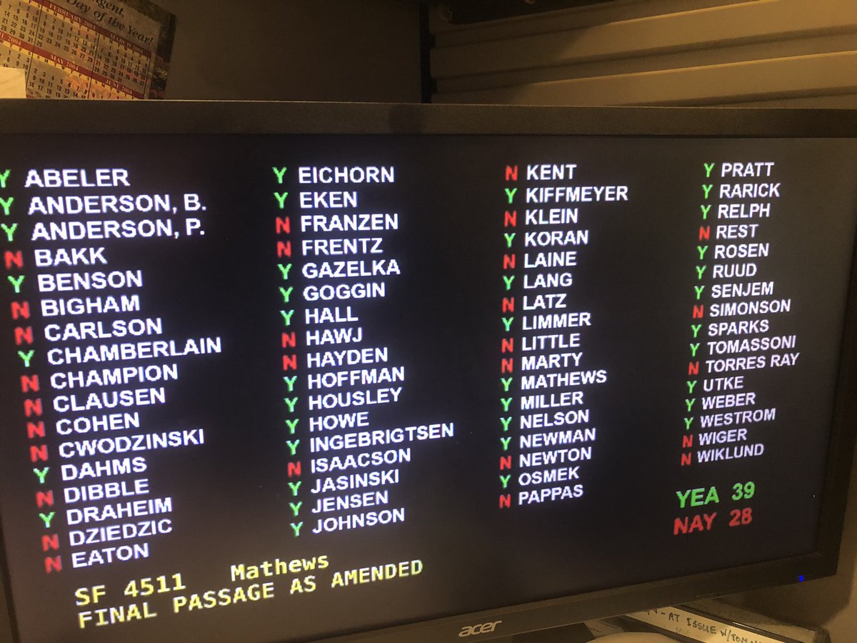 thauserkstp's tweet photo. The MN Senate just voted 39-28 to approve a bill to allow most Minnesota businesses and churches to reopen as long as they adhere to government health guidelines. It’s largely symbolic because House unlikely to approve. https://t.co/OlcAhTeNNX