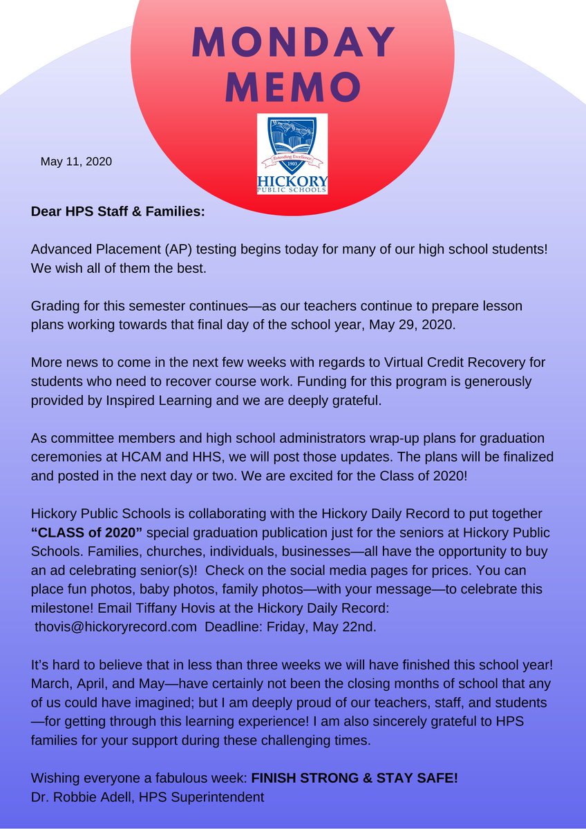 hickoryschools's tweet photo. Superintendent Adell's MONDAY MEMO--May 11, 2020! #communicationcounts #hickoryschools https://t.co/SimzAjPiWT