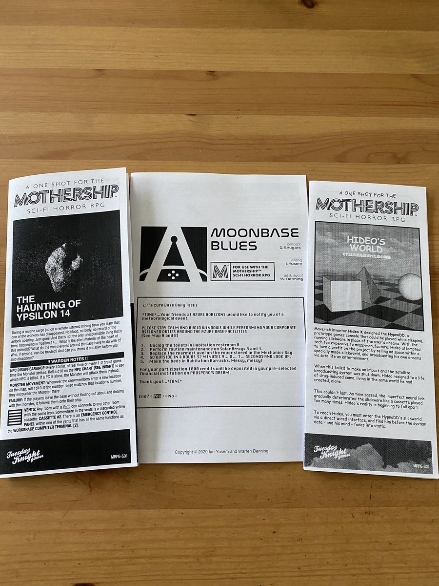 Following the Mothership theme are three fantastic pamphlet adventures. The Haunting of Ypsilon 14 (the one shot I want to run first) and Hideo’s World from  @playTKG and Moonbase Blues by  @IanYusem 3/9