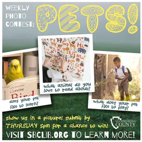 Snap a photo with your pet and submit it by Thursday. Winners will be chosen each week to receive a family fun pack. Visit sbclib.org and click on the Photo Contest banner to review the requirements to participate!  #SBCountyParks  #Vision2Read #Vision2BActive