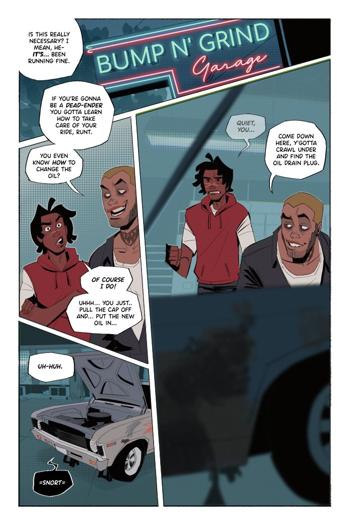 made a short test comic to try out how i might color @RIDEorDIEcomic when it launches. it's Very dumb but i like the visuals, which was the point of the test! i'd like to do more later to feel out the racing and night scenes at some point too 