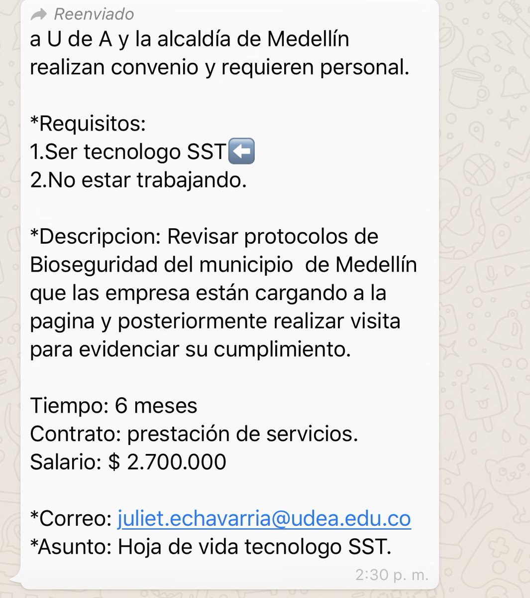 SebRiveraCortes's tweet photo. Buenas tardes don @braulioEMarquez @AlcaldiaEnv la sem pasada estuve en la sec de drrollo ecmico  y propuse que contrataran unos tecnólogos en SST para apoyar a los empresarios en elaboración de protocolos de bioseguridad. Lo vieron casi imposible. Hoy me llegó esto. Q le parece? https://t.co/itVWwpvM9I