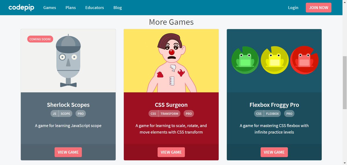 __7200__'s tweet image. إنك تلعب وتتعلم بنفس الوقت شي ممتع وحلو 👩‍💻♥️
موقع: codepip.com
يقدم لك ألعاب تتعلم من خلالها وتطور من نفسك بطريقة فعالة،الألعاب بعضها مجانية وتحتوي على لغة: JavaScript ,CSS,HTML،والموقع يتطلَّع بأن يشمل لغات أخرى للبرمجة في المستقبل .

@PrograminLovers 
#للفائدة
