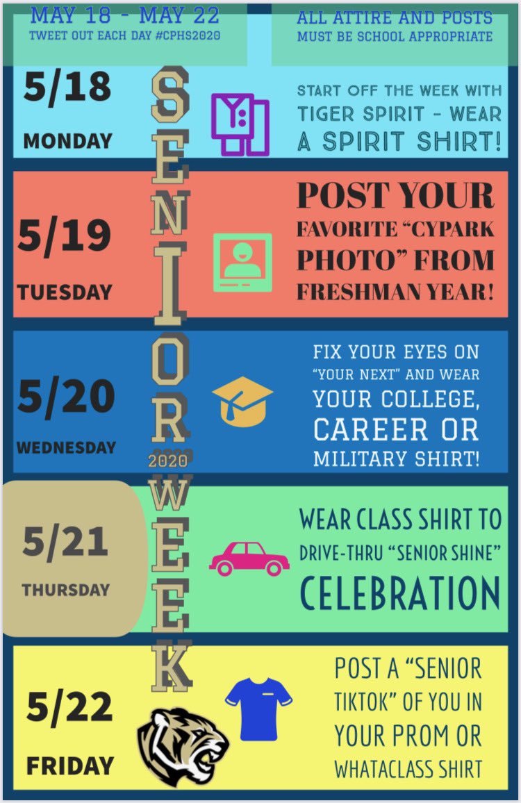 CypressParkHS's tweet photo. Get ready for #SeniorShine2020 week! Tag us and let’s fill the feed with #TigerNation! #RiseUp https://t.co/px25QDgUHS