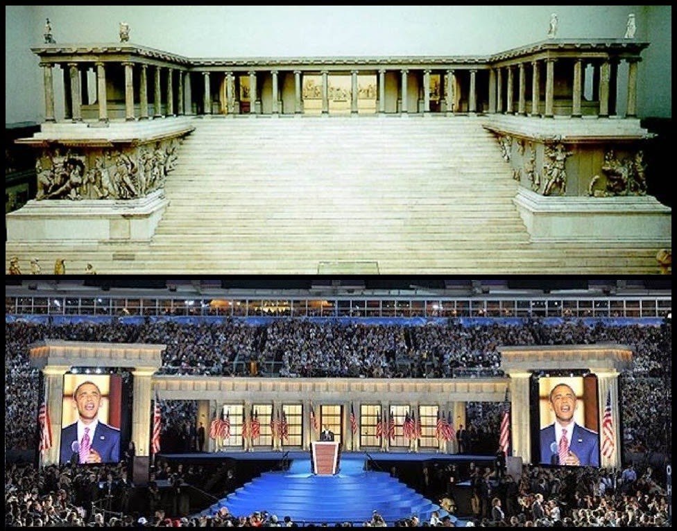 3 @BarackObama held his first election acceptance speech in Denver.The stage was designed after the "Alter of Zeus" in Turkey, Pergamon (spelling varies)Revelations 2:12 refers to it as seat of Satan