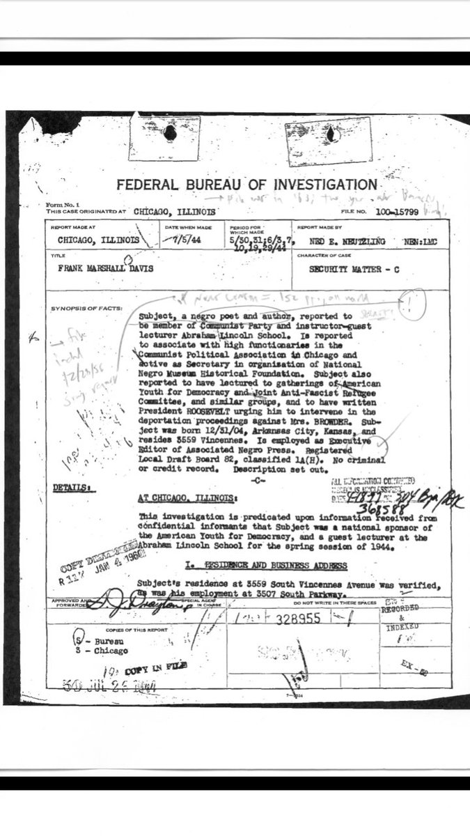 6Frank was under constant surveillance by the FB! According to 600 pages that have been declassified on Frank Davis Marshall.Frank was put on a  #Communist watch list.In the event of an act of war on American soil by the Soviet Union, Frank would be arrested and held.