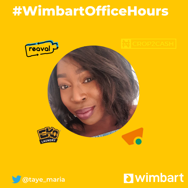 taye_maria's tweet photo. The @Wimbart Office Hours one-on-one sessions starts this week. Really excited to have a chat about all things #PR with @Ekolaundryng, @scrapays_HQ, @crop2cash & #Reaval
#WimbartOfficeHours https://t.co/pZKst4Xj17