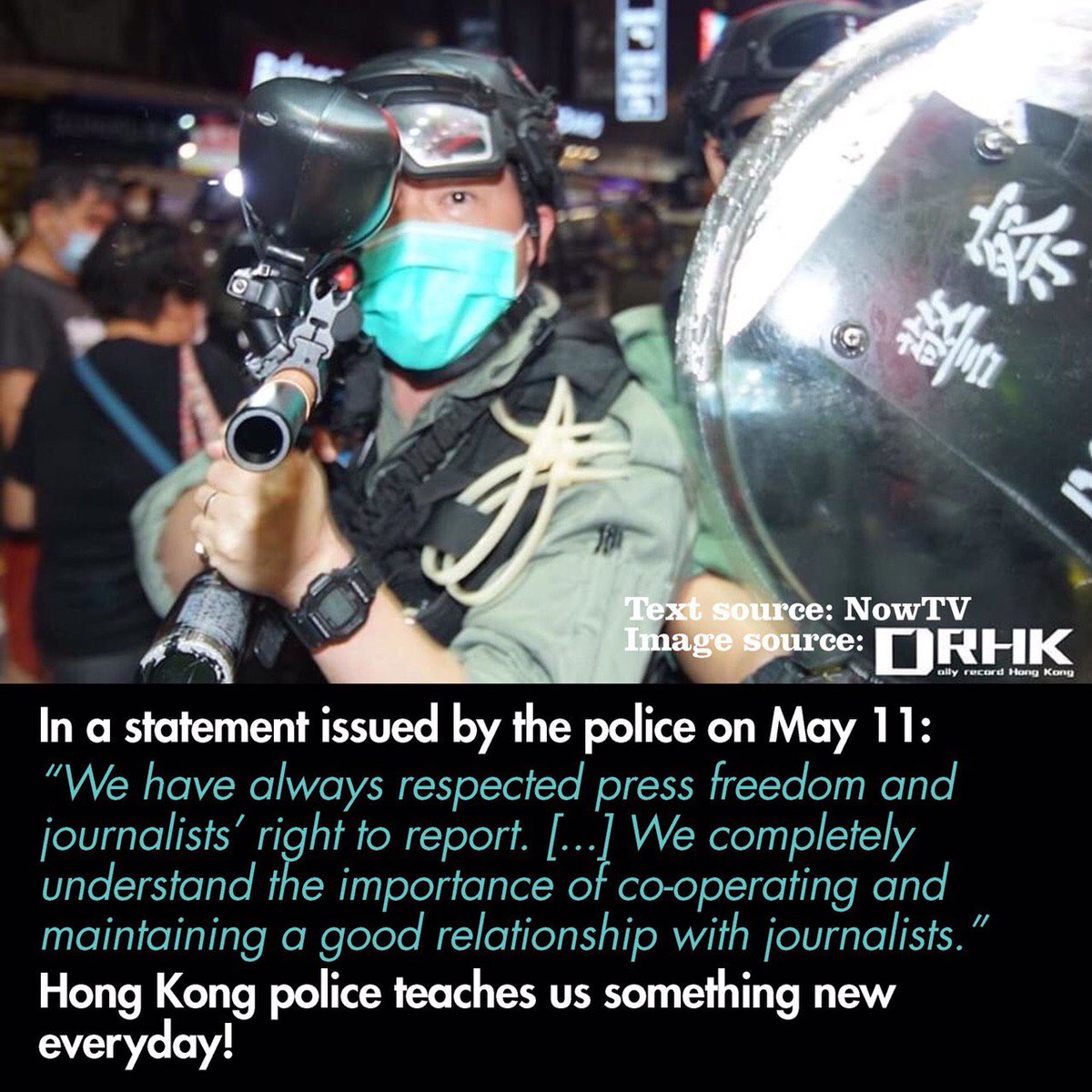 HK_yellowpepe's tweet photo. @themainichi Journalists are being targeted by the #HongKongPolice. They are forced to stop streaming and being searched. The devil cops also intentionally shooting #peperspray towards them. This is the end of #freedom of press. The media no longer serve as the forth power to monitor society. https://t.co/WdeMUPwCnU