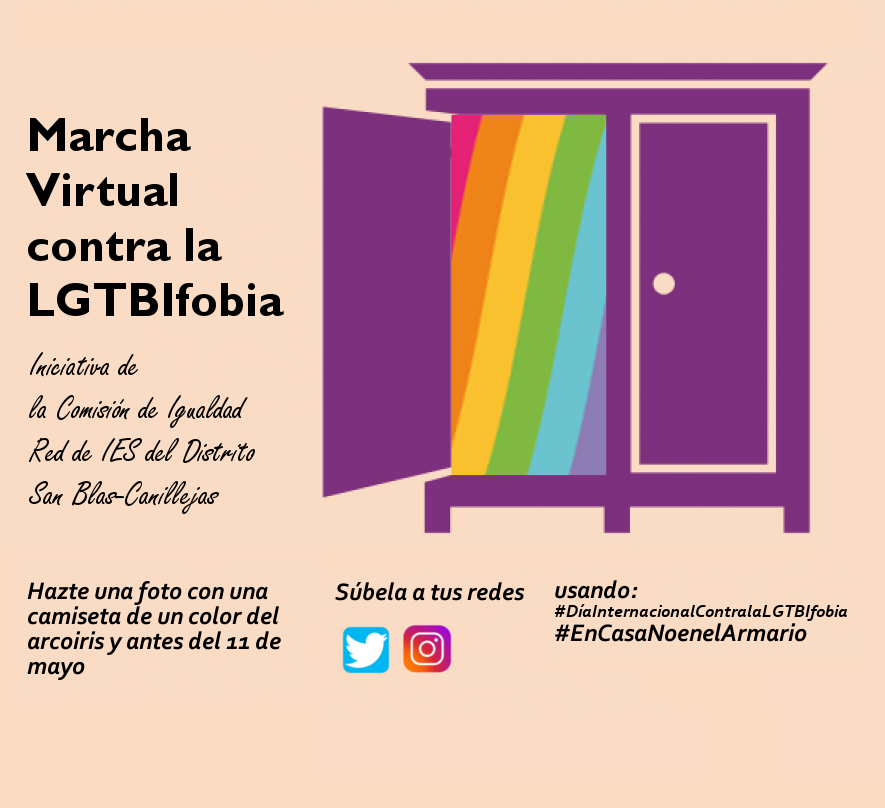 _CJCM_'s tweet photo. 🏳️‍🌈Desde el @_CJCM_ nos unimos a la campaña de @DLgtbi y a la iniciativa de la Comisión de Igualdad Red de IES del Distrito San Blas-Canillejas:

#DiaInternacionalContraLGTBIfobia 
#EnCasaNoenelarmario https://t.co/ApLD73nSXK