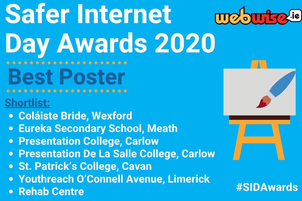 Webwise_Ireland's tweet photo. The shortlist for the🎨Best Poster Award🎨in the Safer Internet Day Awards 2020!
View the full list of nominees for the #SIDAwards here: https://t.co/7c1CPZAtYH
@Colaiste_Bride @EurekaSecondary @Pres_Carlow @PdlsB @PatsCavan @YROConnellAve https://t.co/nVOqyHL3mt