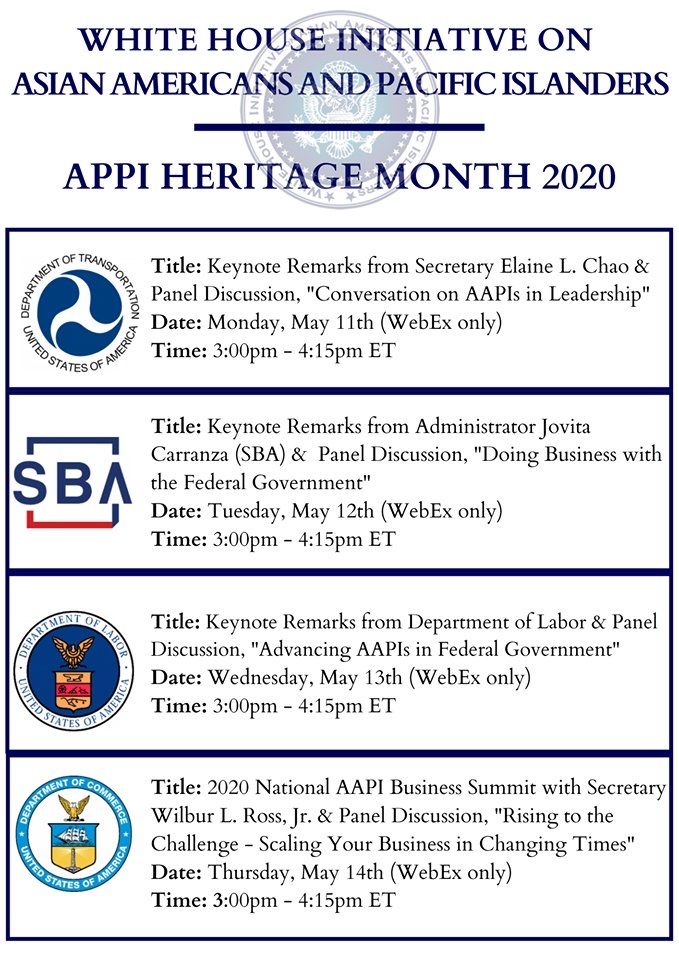 CommerceGov's tweet photo. RT @WhiteHouseAAPI: Check out this week's schedule for #WHIAAPI webinars to commemorate AAPI Heritage Month.
To register ➡️ https://t.co/uYcAlFVyAP
#APPI #AAPIHeritageMonth https://t.co/RrUSplfzqH