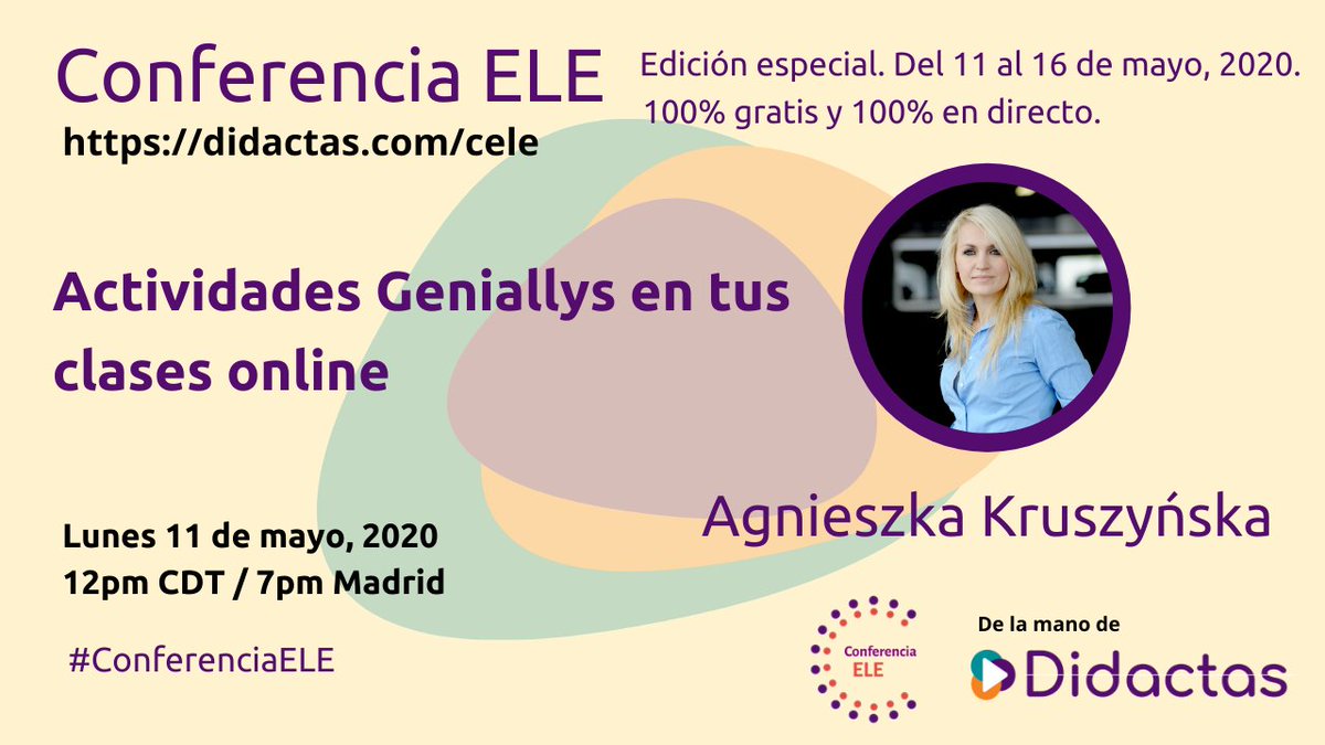 “Actividades Geniallys en tus clases online”
VIDEO EN DIRECTO  con  Agnieszka Kruszyńska comienza pronto. 
Puedes verlo en  buff.ly/3fNLwQ2
#ConferenciaELE  
Inscripción gratis en la Conferencia ELE en buff.ly/2WHqCsR