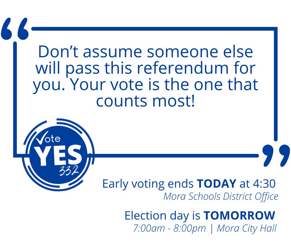 Don't live with the regret of wishing that you had voted when you could have. Vote today at the district office until 4:30, or tomorrow between 7:00am and 8:00pm at Mora City Hall. #NoRegrets #VoteYes