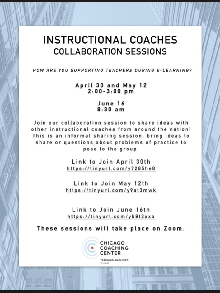 salmantinoaaron's tweet photo. Calling all Instructional Coaches! Come join us for an informal chat about supporting teachers during remote learning. Bring your ideas and your questions. @ChiCoachCenter #ccc4all https://t.co/hes9D5BaBN
