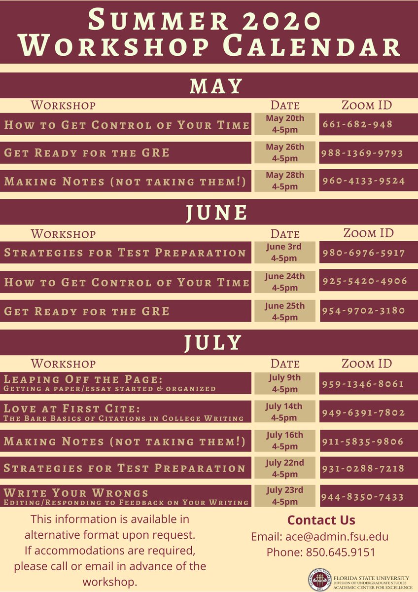 FSU_ACE's tweet photo. Summer is here! Take a look at our Summer 2020 Workshop Schedule or visit https://t.co/5xMiqyBHYe for more info. #ACEWorkshops #Summer2020 https://t.co/3uZmv8s5XU
