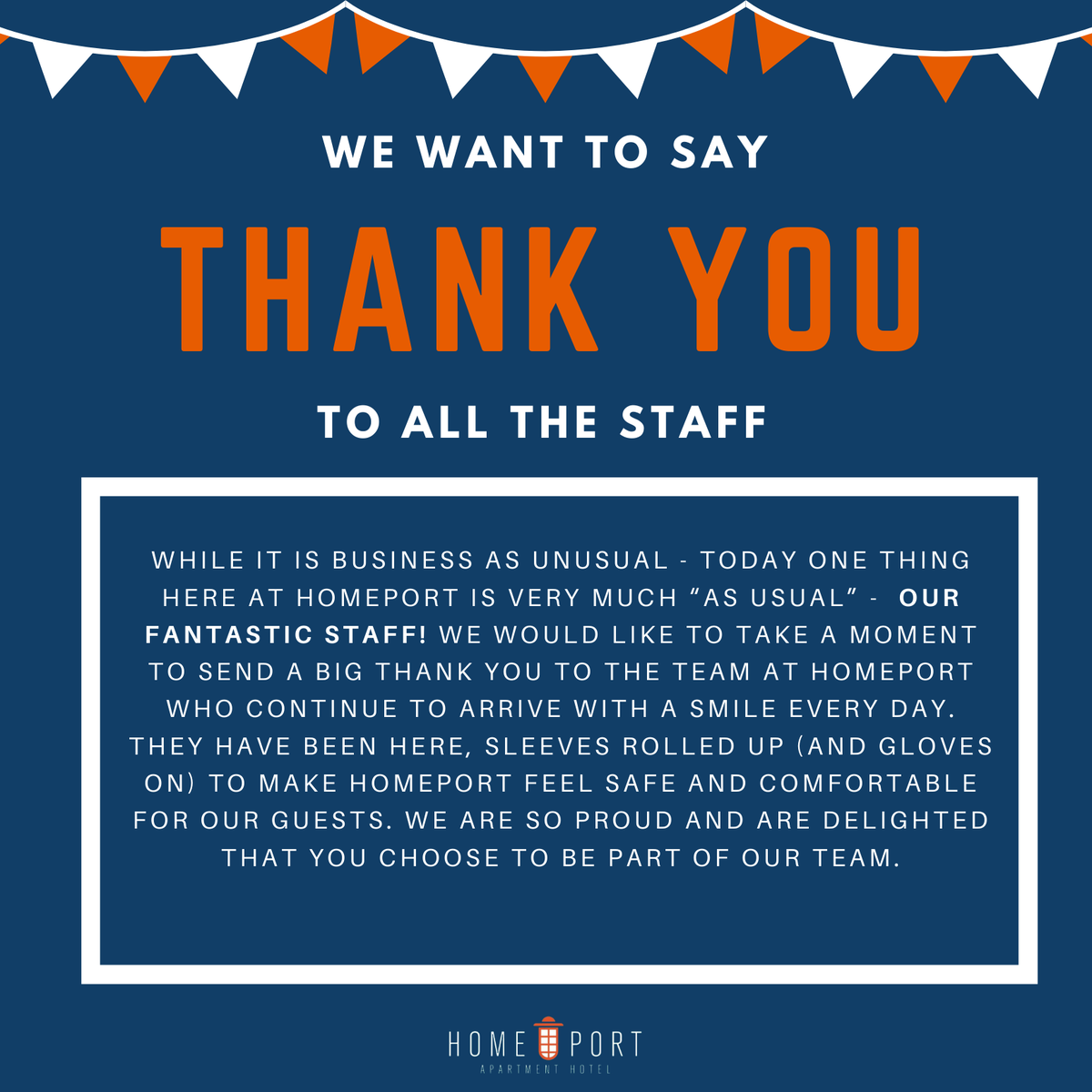HomePortHotel's tweet photo. From all of us at at HomePort we wanted to send a huge thank you to all the staff. There are no words that can adequately express our gratitude for all that you are doing during this difficult time. Thank You! https://t.co/RKm4OYdopi