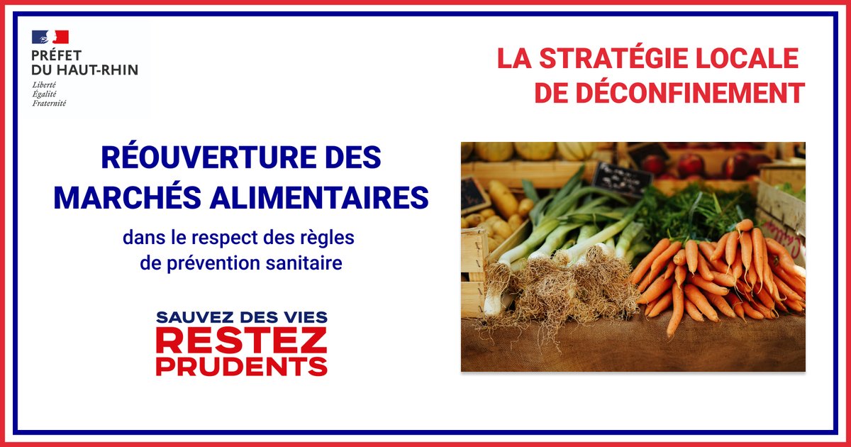 Les marchés alimentaires 🧺🥕🌹sont à nouveau autorisés dans le #HautRhin dans le respect des #gestesbarrieres et #distanciationphysique.
@prefet68 @amhr68 <a href="/cra_grandest/">CRA Grand Est</a> publient un guide de bonnes pratiques pour les organisateurs de marchés
👉 Plus d'info bit.ly/35P26KF