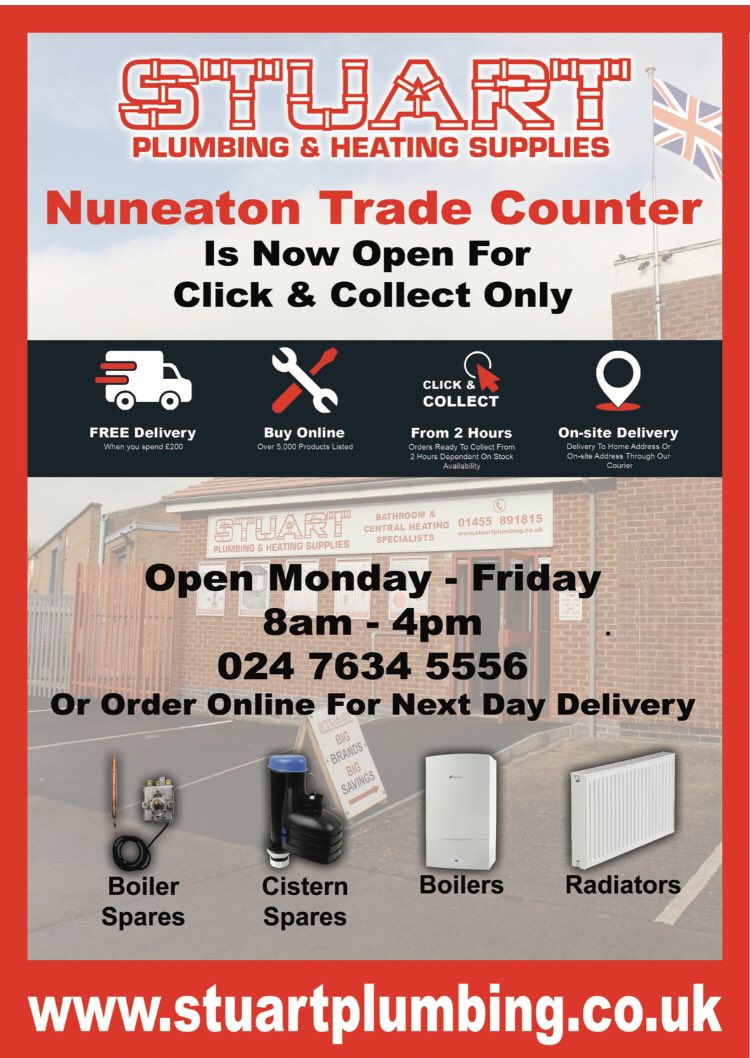 Our Nuneaton branch is now operating a click &amp; collect service 

Order online or via phone 

Alternatively order online for delivery 

stuartplumbing.co.uk
