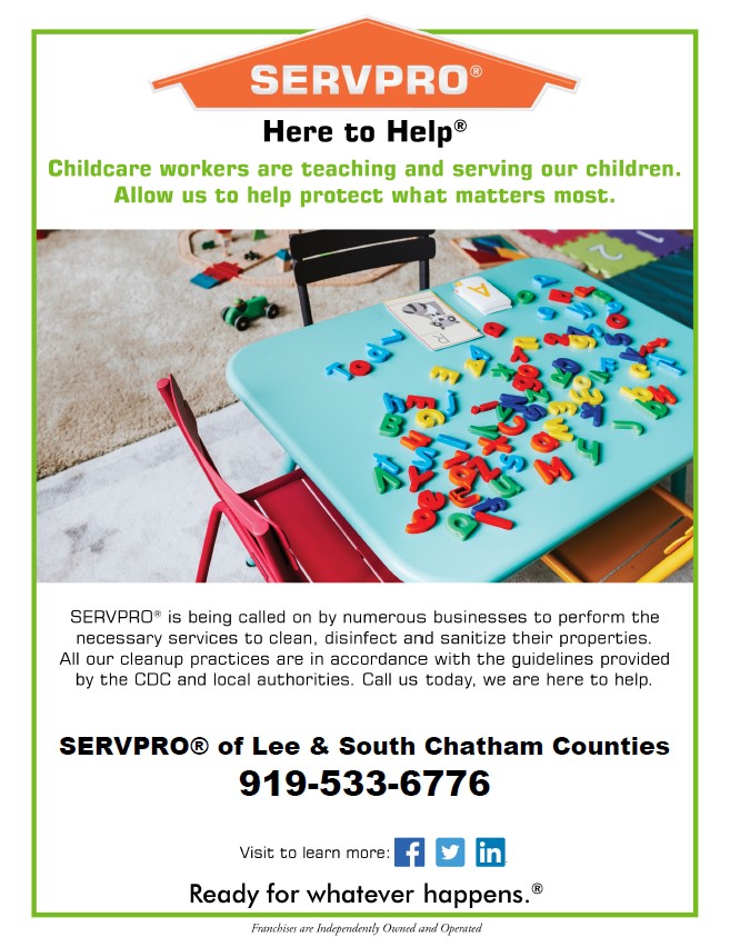 Are you ready to get back in business? 

We are ready! Keeping daycare facilities clean is vital for the health, safety, and well-being of children. 

SERVPRO has training, processes, and equipment to protect you and your family.
