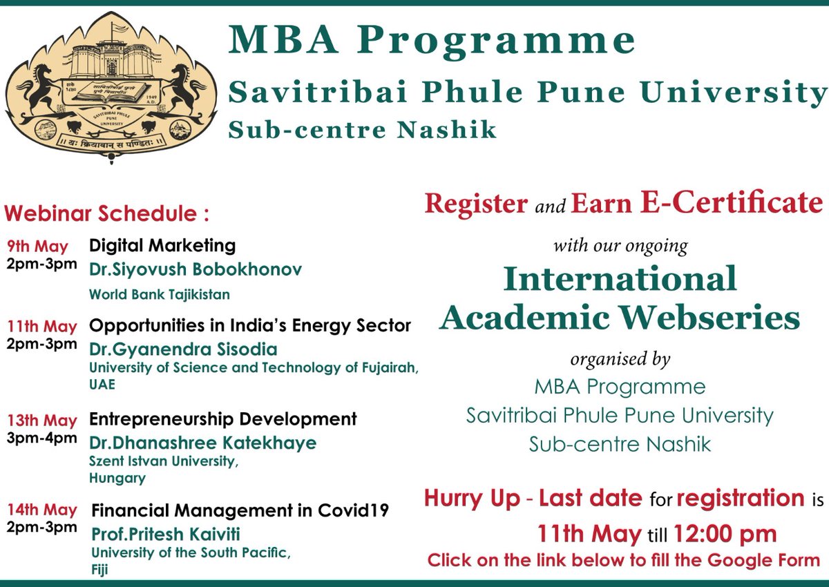 AdityaD01107294's tweet photo. International Academic Webinar series organised by Savitribai Phule Pune University

Register for E-CERTIFICATE 
#sppu #puneuniversity #webinar #onlinelearning #students #ecertificate #Digitalmarketing #energysector #financialmanagement #COVIDー19 #learning #LearnAtHome https://t.co/NjtC0JY2FT