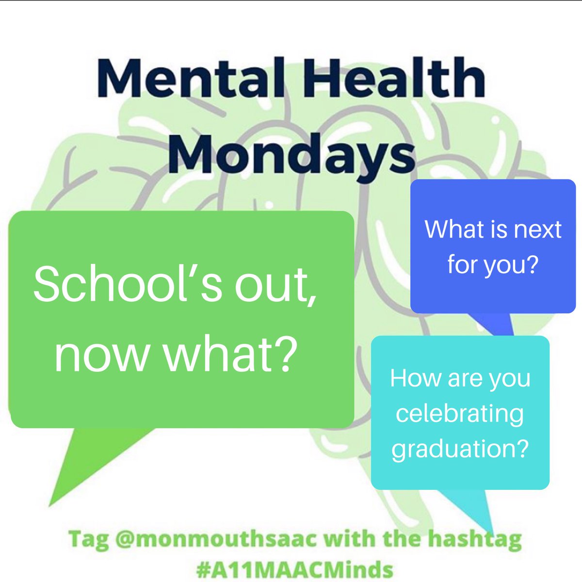 monmouthsaac's tweet photo. It’s Mental Health Monday and school is out...so now what?!

Share what you are doing now that school is out and how you are celebrating graduation! 🧑‍🎓 
#FlyHawks #A11MAACMinds https://t.co/ooJItZg5Pv