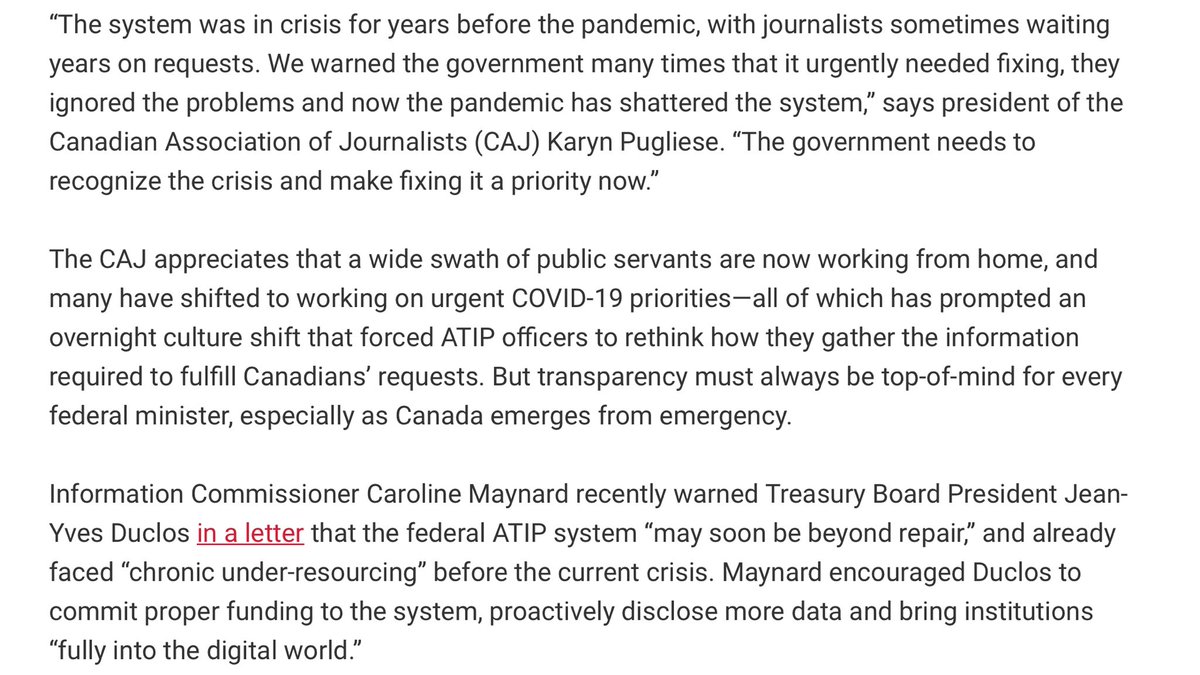 Canada’s #ATIP system is at a near standstill—at a time when the federal government spends billions in emergency aid with minimal parliamentary scrutiny. 

This is a threat to the #RightToKnow of all Canadians. 

We are calling for some immediate action: caj.ca/blog/Liberals_…