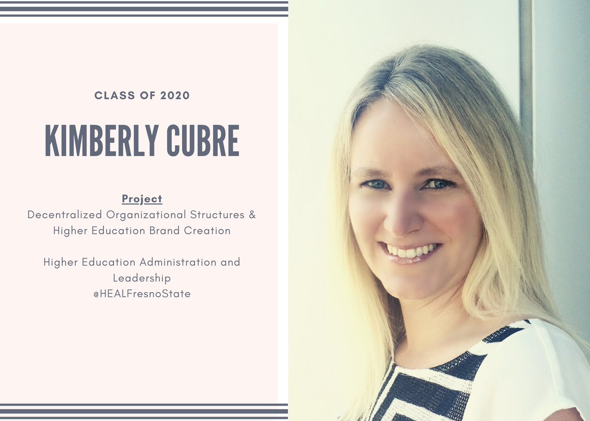 HEALFresnoState's tweet photo. We are highlighting #HEALers who are finalizing their Master's Degree Research Projects (MDRPs) and Theses this semester. Congratulations, Kimberly Cubre! #Classof2020 #KremenGrad2020 https://t.co/qWxYLLey3R