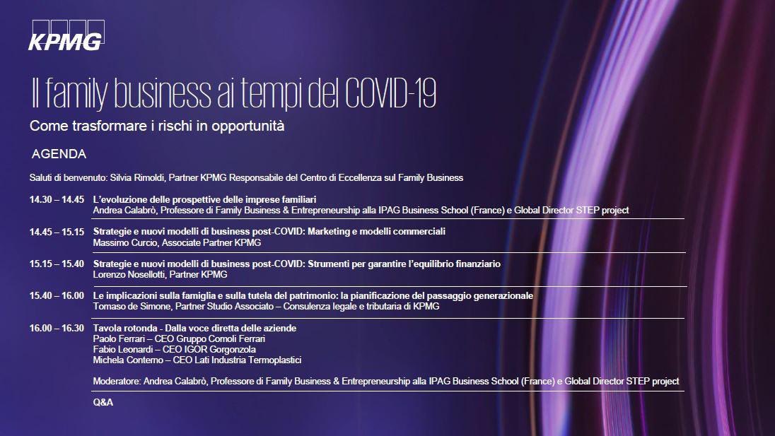 The agenda of tomorrow’s workshop on “Italian Family Business at the time of COVID19” with three Italian family firms and KPMG Italy #profacalabrò <a href="/IPAG_EFBCenter/">IPAG Entrepreneurship & Family Business Center</a> #stepproject @STEPFamilyEship