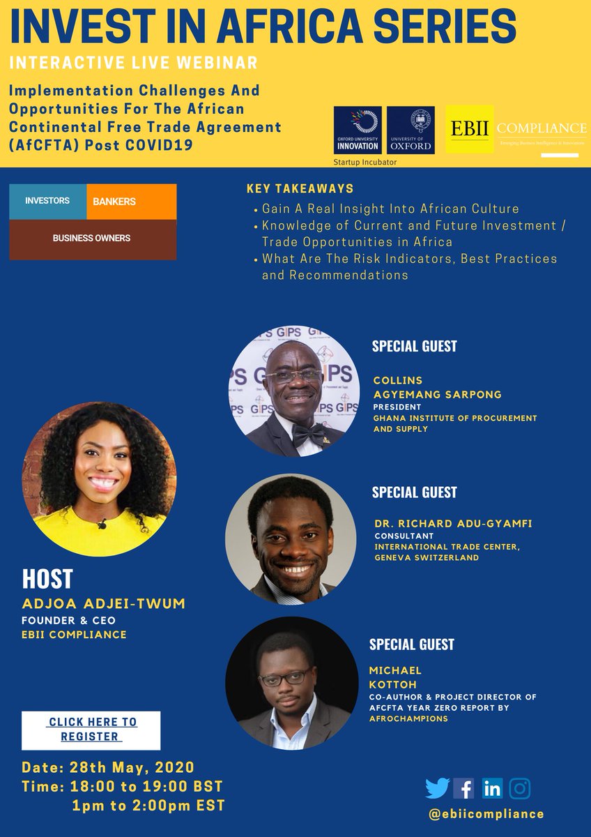 EBII Group (@ebiigroup) on Twitter photo The Invest in Africa Series returns
Day by day, the fight against COVID-19 continues. 
With trading due to commence on July 1, 2020, we explore the impact #COVID19 will have on the implementation, challenges and opportunities of AfCFTA
Register NOW
bit.ly/RegisterIIAs The Invest in Africa Series returns
Day by day, the fight against COVID-19 continues. 
With trading due to commence on July 1, 2020, we explore the impact #COVID19 will have on the implementation, challenges and opportunities of AfCFTA
Register NOW
bit.ly/RegisterIIAs