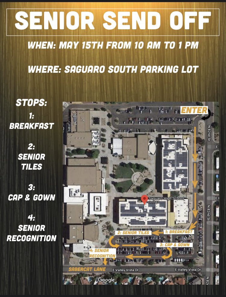 SaguaroSUSD's tweet photo. Help us kickoff the celebration of the class of 2020 this Friday. Pick up cap and gowns, senior gifts, senior awards, and have some breakfast. Please display your last name on your car somewhere to keep the line going. Jostens will be there if you need to purchase a cap and gown. https://t.co/iRVTymbJXb