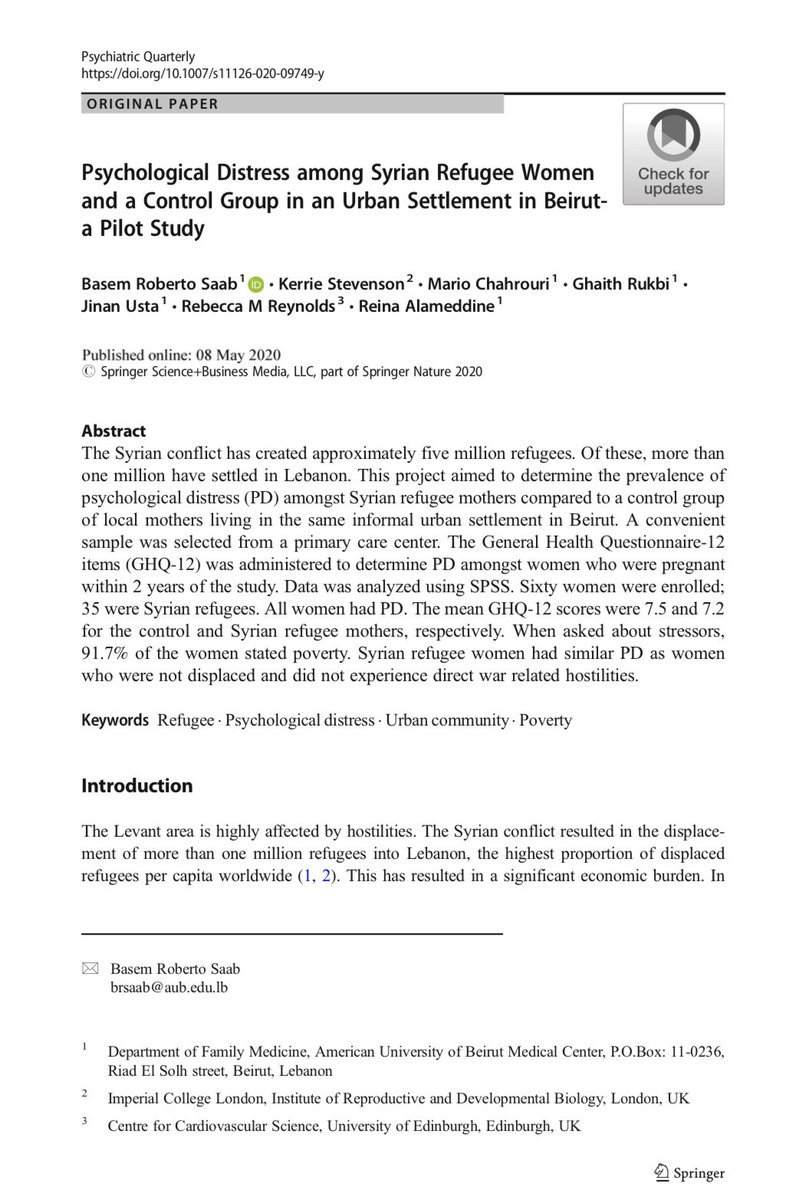 Our paper highlights the importance of considering maternal mental health amongst refugee women in humanitarian settings. Now even more important due to COVID: rdcu.be/b350r #MaternalMHMatters <a href="/rr_metabolicmed/">Rebecca Reynolds</a> <a href="/AlameddineReina/">Reina Alameddine</a> <a href="/ImperialBRC/">NIHR Imperial BRC</a> <a href="/EdinUniMedicine/">Edinburgh Medical School</a> <a href="/MARCH_LSHTM/">MARCH Centre, LSHTM</a>