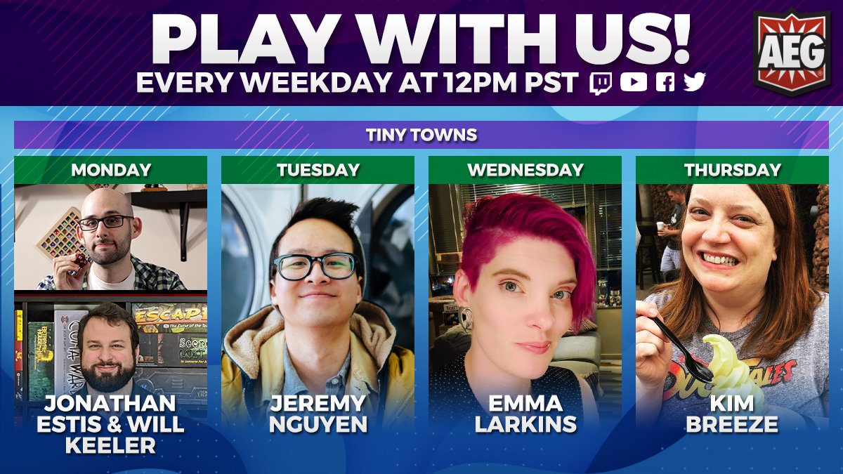 alderac's tweet photo. Join us for our daily live play-alongs of Tiny Towns and Space Base, streaming from all our platforms!
Today Monday 11th, we have special guests Jonathan Estis @Quence & Will Keeler @Dorukiryu from @RollforCrit!
#Alderac #DailyLive #Boardgames #TinyTowns #SpaceBase #RollForCrit https://t.co/YfhbUUljNy