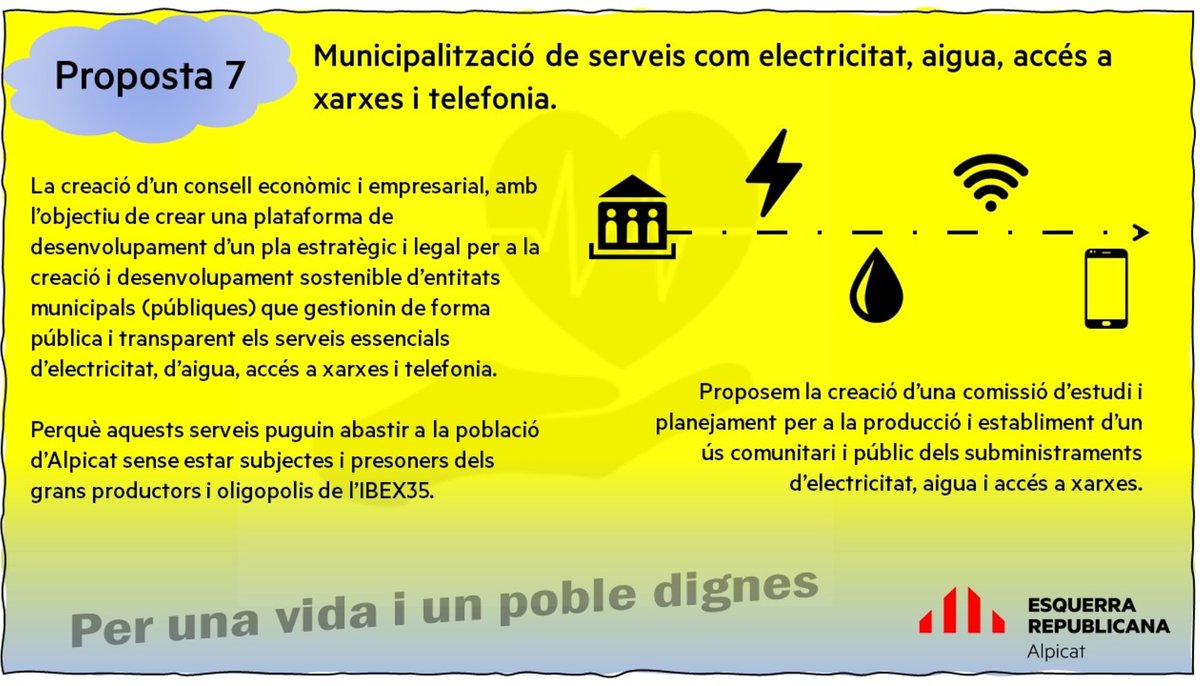 EsquerraAlpicat's tweet photo. 🗣️La setena proposta!
⚡Municipalització de serveis com electricitat, aigua, accés a xarxes i telefonia. https://t.co/8C4DbqTlX2