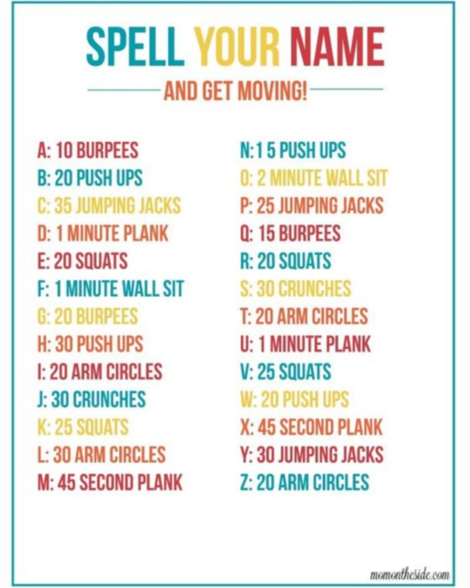 camp_ENERGY's tweet photo. Create your own workout by using the letters in your name. https://t.co/14fB5MVal7