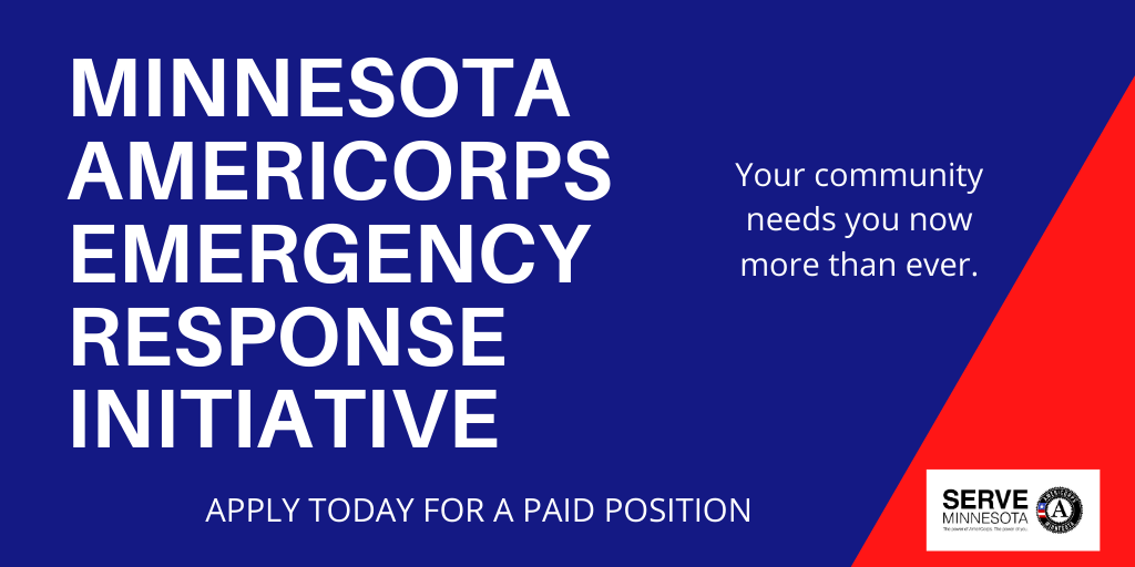 ServeMN's tweet photo. We're accepting applications for people to serve in the Minnesota AmeriCorps Emergency Response Initiative. Members will serve June 8 - Aug. 15 and earn a living stipend, health benefits and more. Learn more and apply by May 20: https://t.co/V6e4detVAb https://t.co/6srhn1Ks12