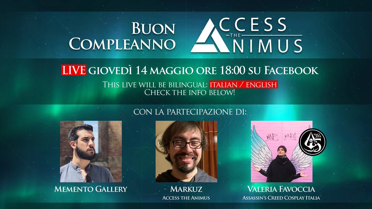 We are happy to announce another activity to celebrate our anniversary! 

It's going to be a livestream in English and Italian taking place on Thursday, May 14th, at 6pm CEST on our Facebook page with our own <a href="/Shadow_Markuz/">Marco</a> and our friends <a href="/ValeriaFavoccia/">Lux</a> and <a href="/Memento_Gallery/">Sebastian Highwind Dell’Aria 🌌</a>!